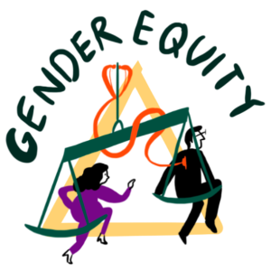 The text "Gender Equity" is above an illustration of the scales of justice. A woman with black hair and purple clothes sits on the left scale with her arm reaching out to a man with black hair and black clothes, who is sitting on top of the right, slightly higher scale.