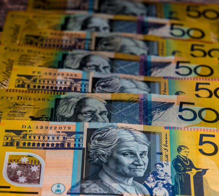 A stack of Australian $50 bank notes