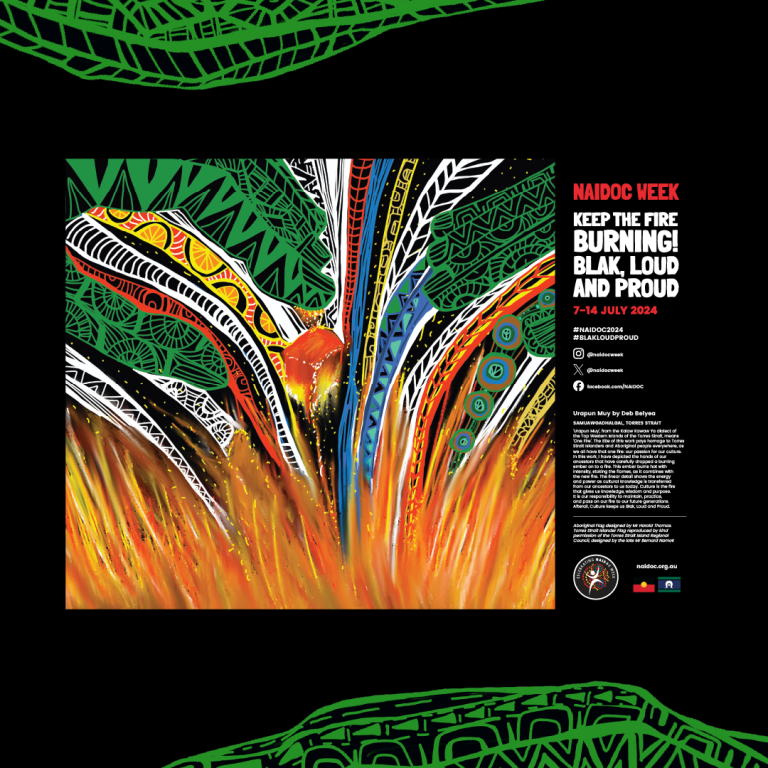 The NAIDOC 2024 poster on a black background, with small text